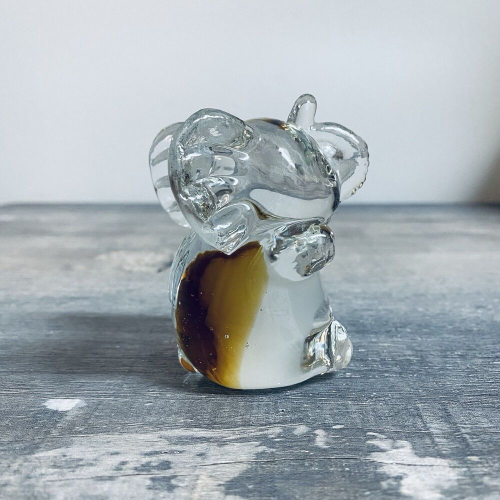Vintage Clear Glass Elephant Paperweight Figurine Trunk Up Good Luck
